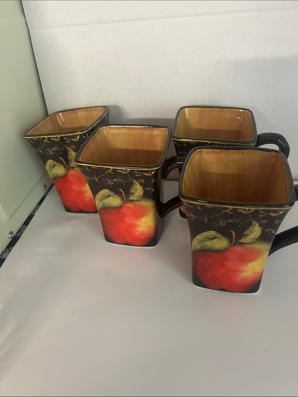 Certified International Black Square Mugs with Red Apple Design - Set of 4